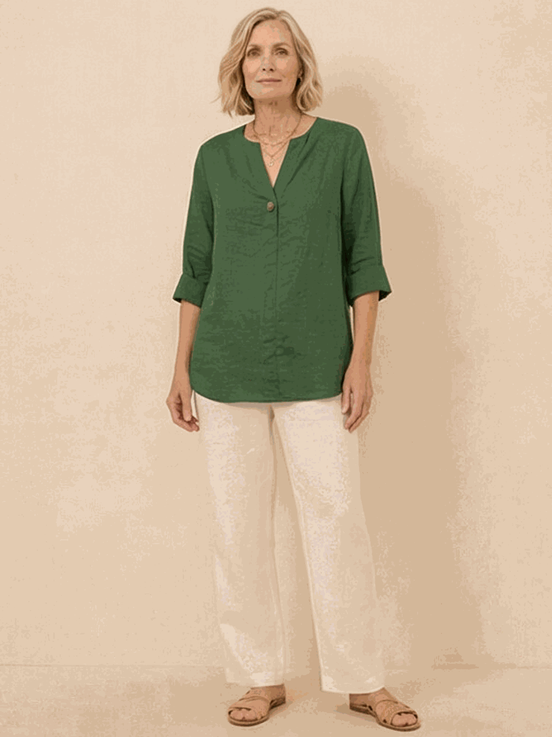 white pure linen age-defying shirt with button detail on hanger