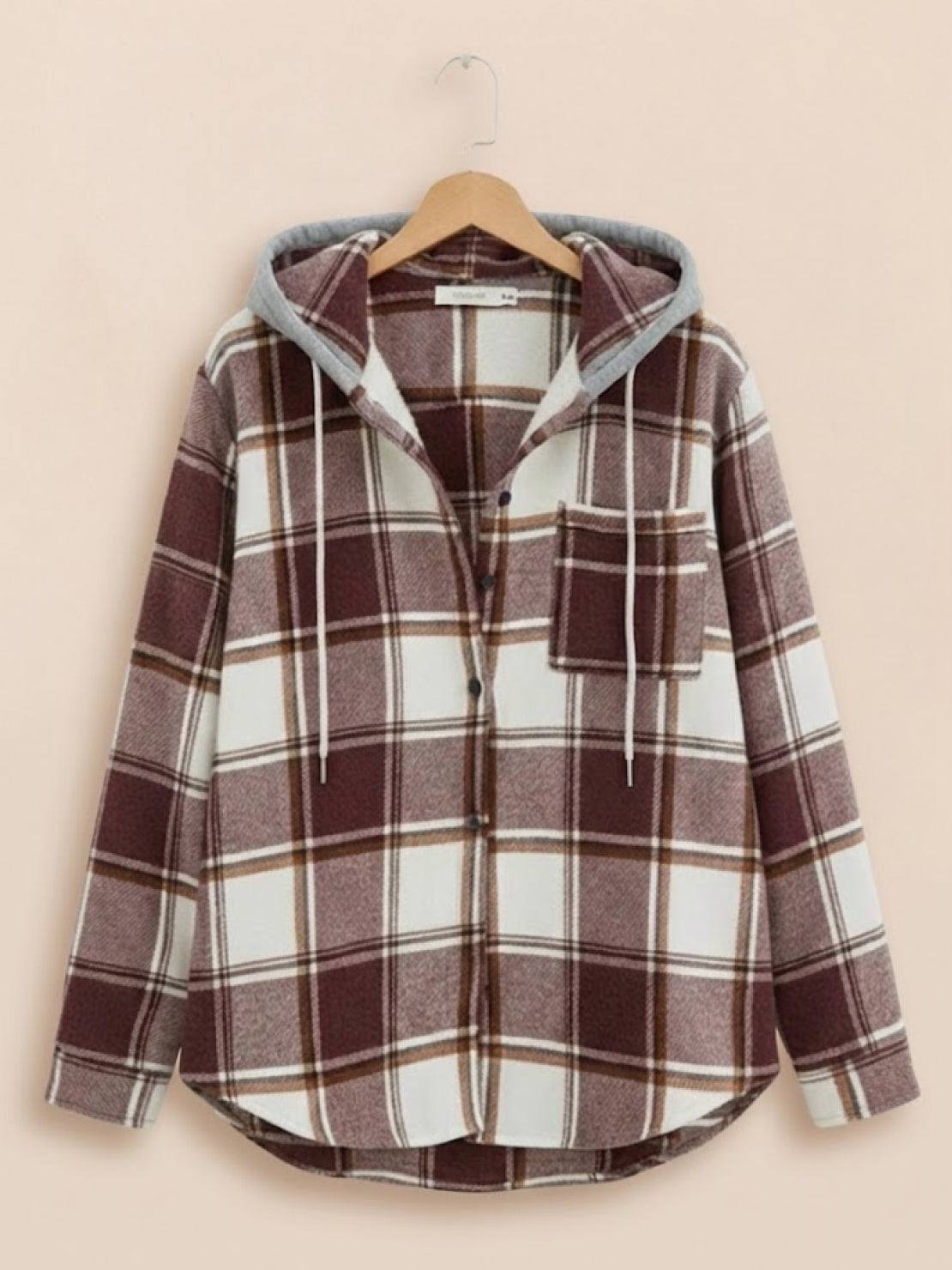 Highland Plaid Shacket with soft fleece lining, hood, button front, and plaid pattern for warm layering