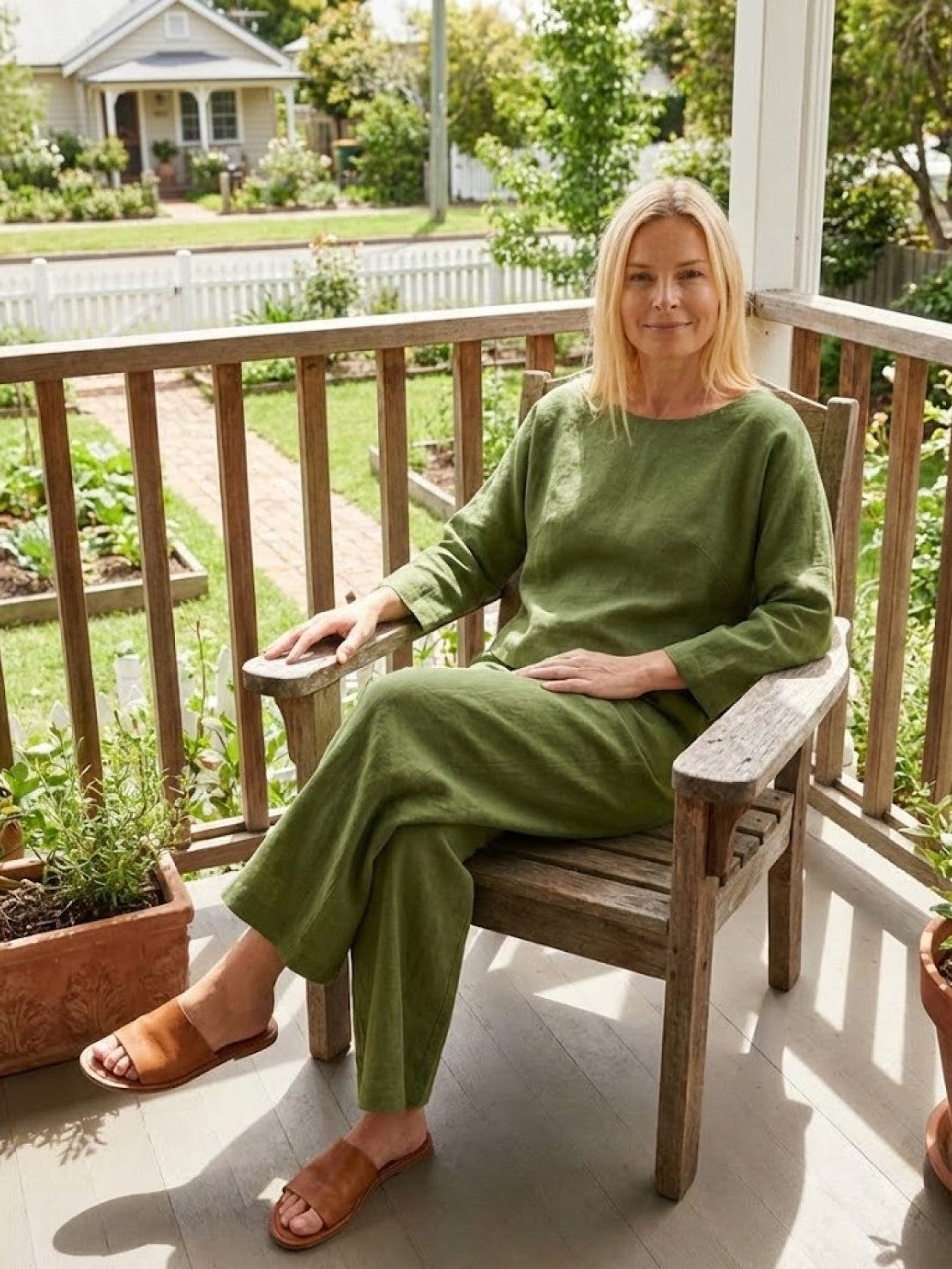 Woman wearing a loose solid color two-piece set with a round-neck top and wide-leg pants in breathable cotton fabric