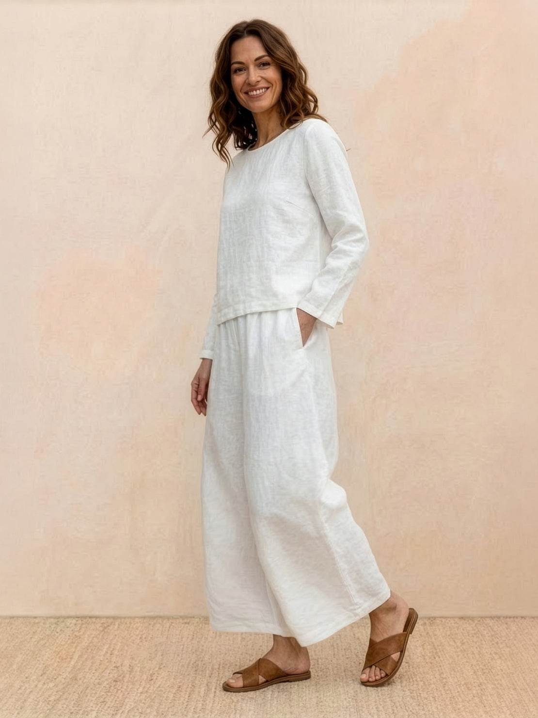 Loose solid color two-piece set with breathable cotton blend fabric and relaxed fit