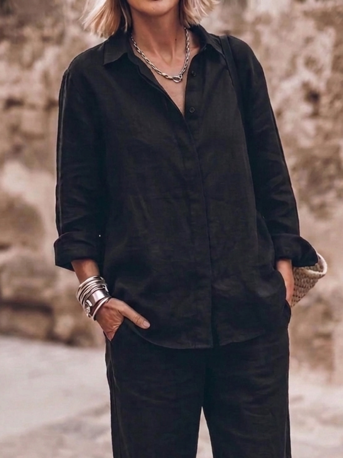 Woman wearing oversized 100% cotton shirt and wide-leg pants co-ord set in relaxed fit