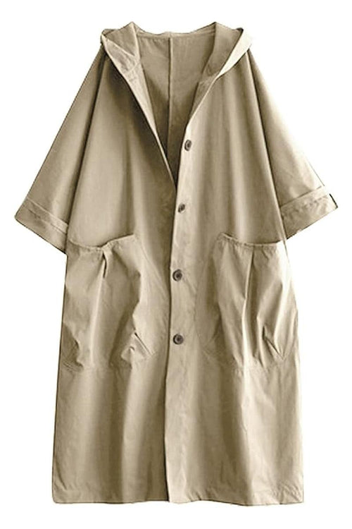 Beige oversized water resistant windbreaker jacket with hood and snap-button closure