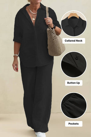 Black oversized 100% cotton shirt and wide-leg pants co-ord set with collared neck, button up front, and pockets.