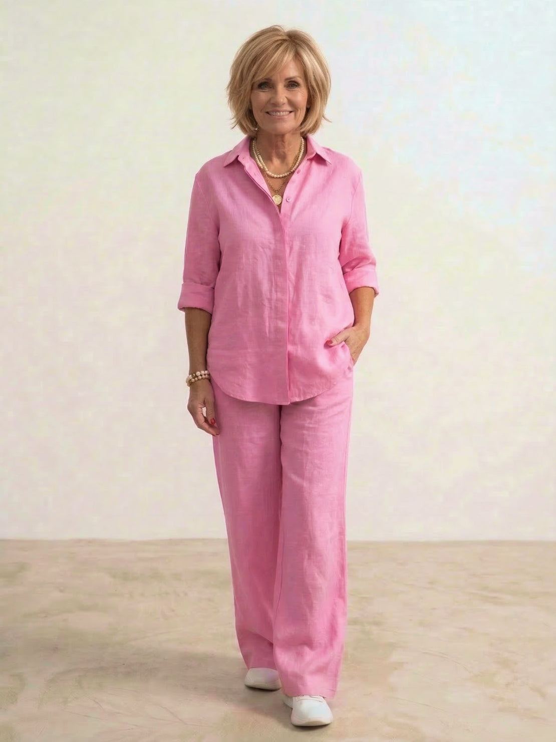 Model wearing oversized 100% cotton shirt and wide-leg pants co-ord set in relaxed fit