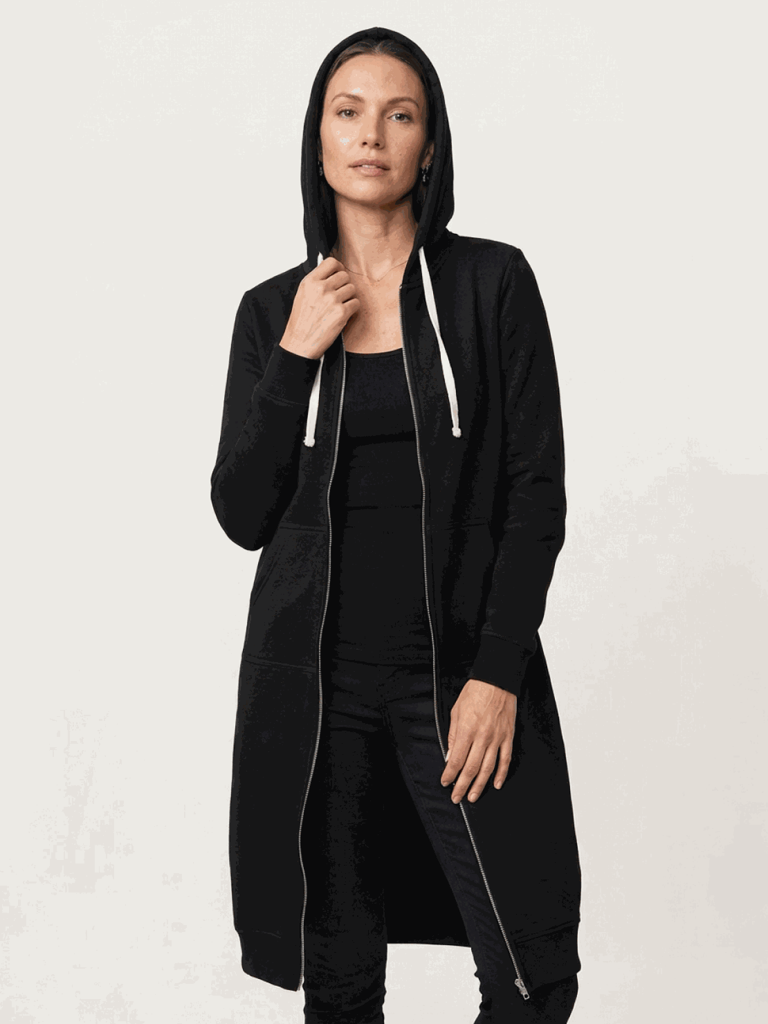 Oversized long zip sweatshirt hoodie with fleece lining and drawstring hood for layering and warmth