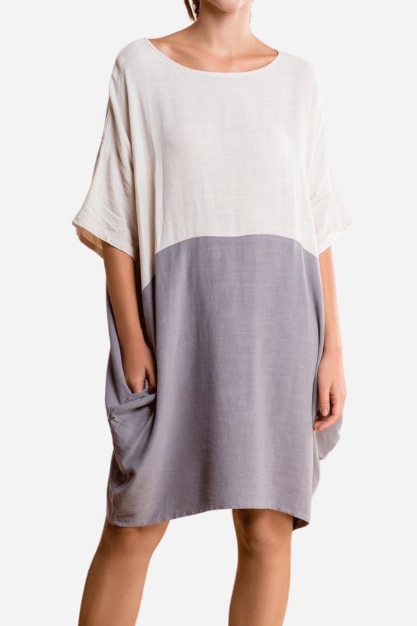 Oversized color block T-shirt dress in cotton linen blend with hidden pockets and loose fit