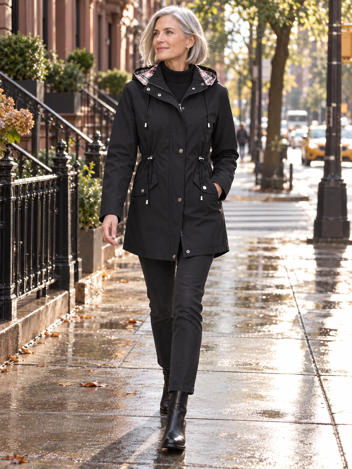 Plaid-lined hooded rain jacket with waterproof shell and adjustable drawstring waist