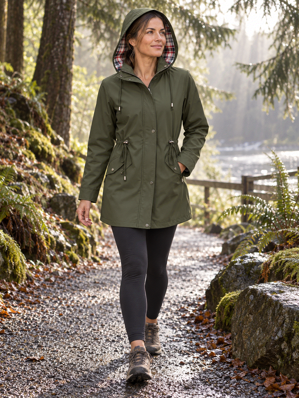 Plaid-lined hooded rain jacket with waterproof shell and adjustable drawstring waist