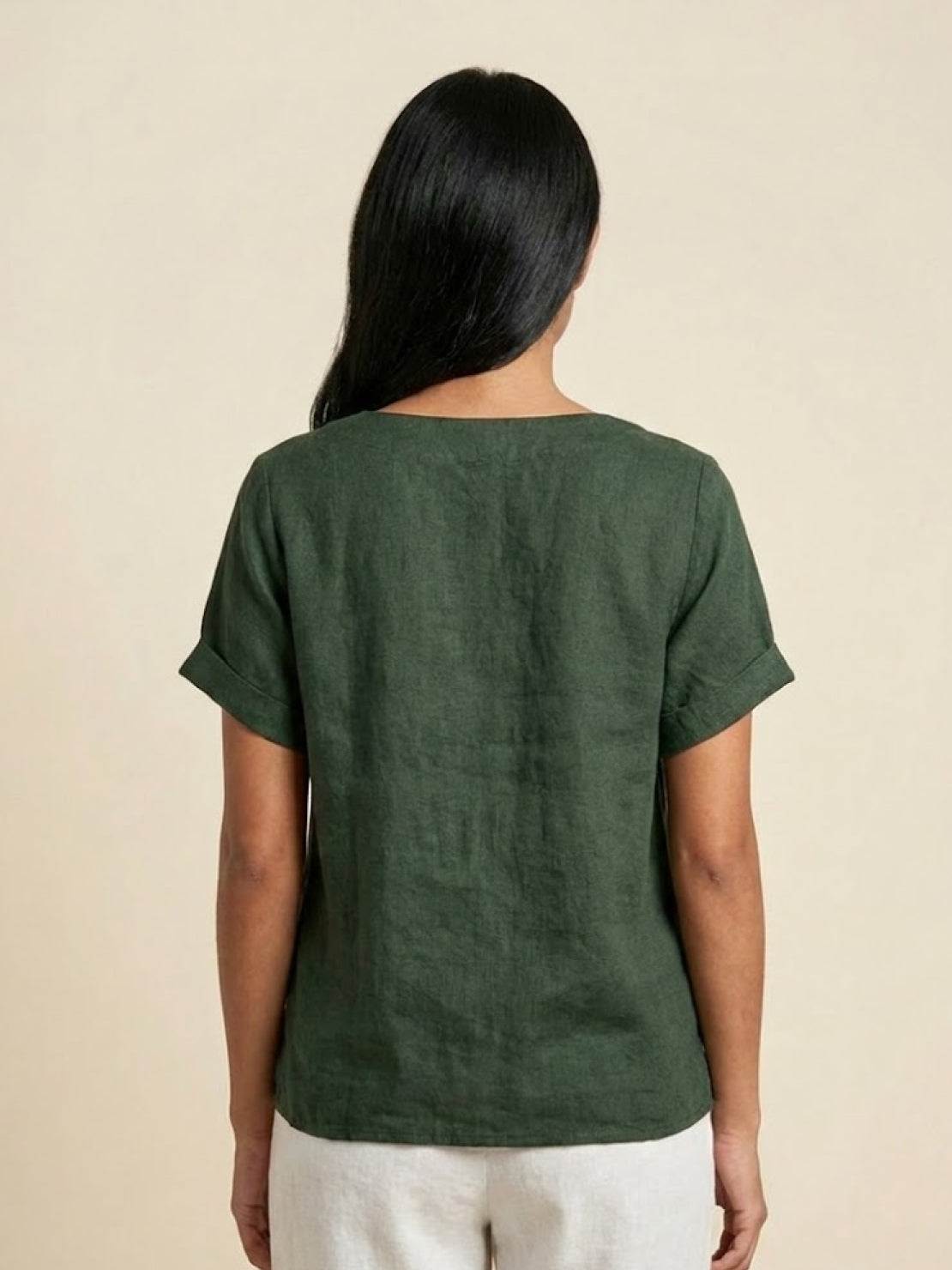 Relaxed Fit Linen Button-Up Tee with breathable cotton, loose fit, short sleeves, round neck, and stylish buttons for comfort and style