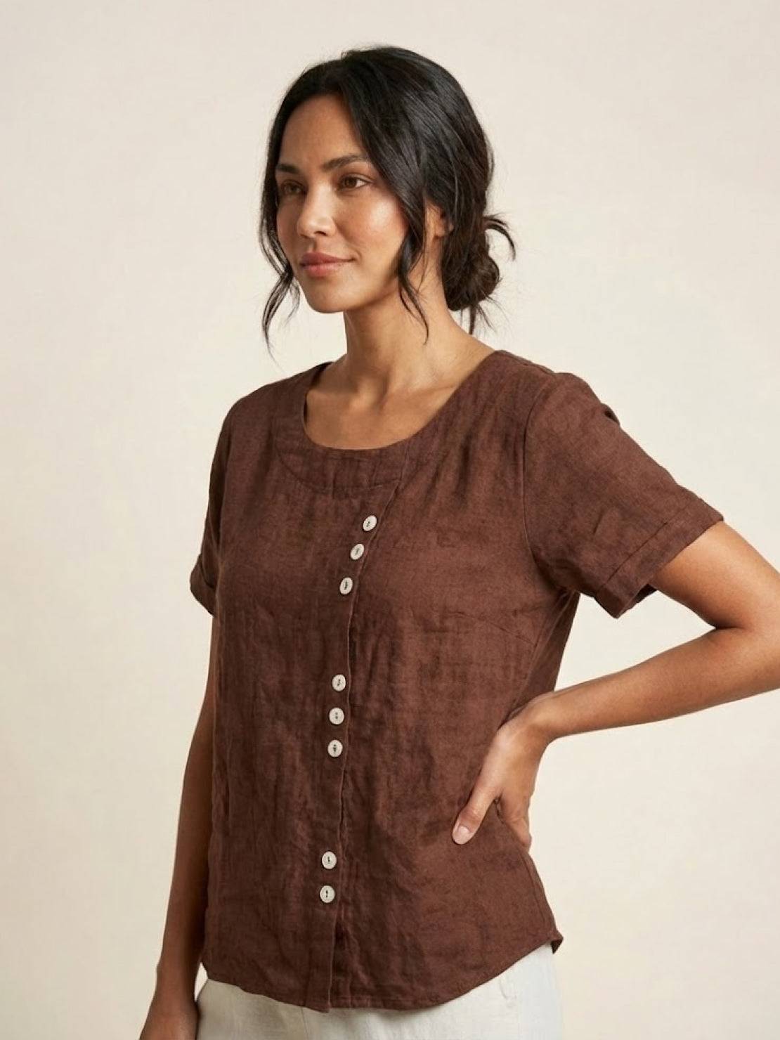 Relaxed Fit Linen Button-Up Tee with breathable cotton-linen fabric and stylish button detail