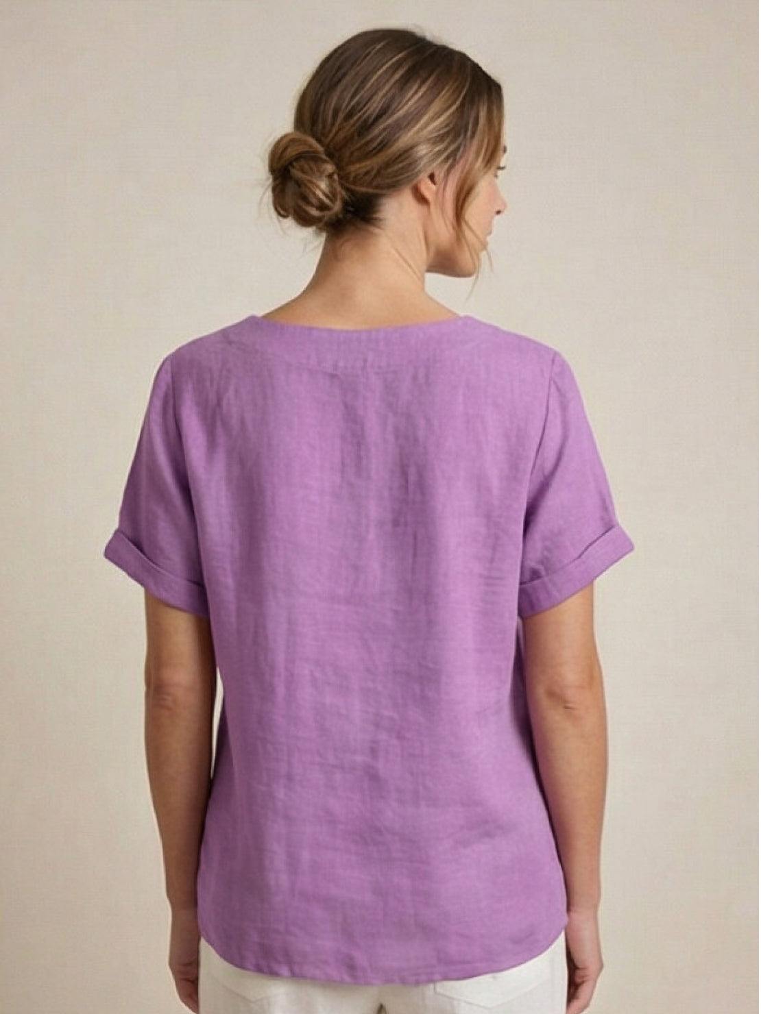 Relaxed Fit Linen Button-Up Tee with breathable cotton linen fabric and button detail