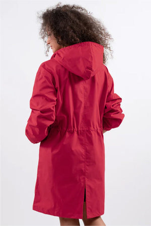 Red oversized Rain Couture Windbreaker jacket with hood, water-resistant and lightweight polyester fabric
