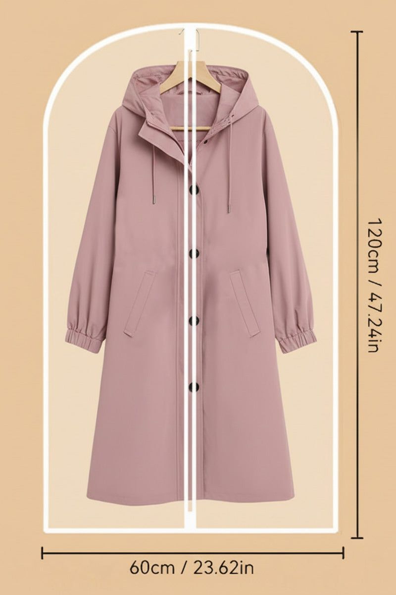 Waterproof dustproof clothing cover in PEVA material with full-length zipper for garment protection and storage.