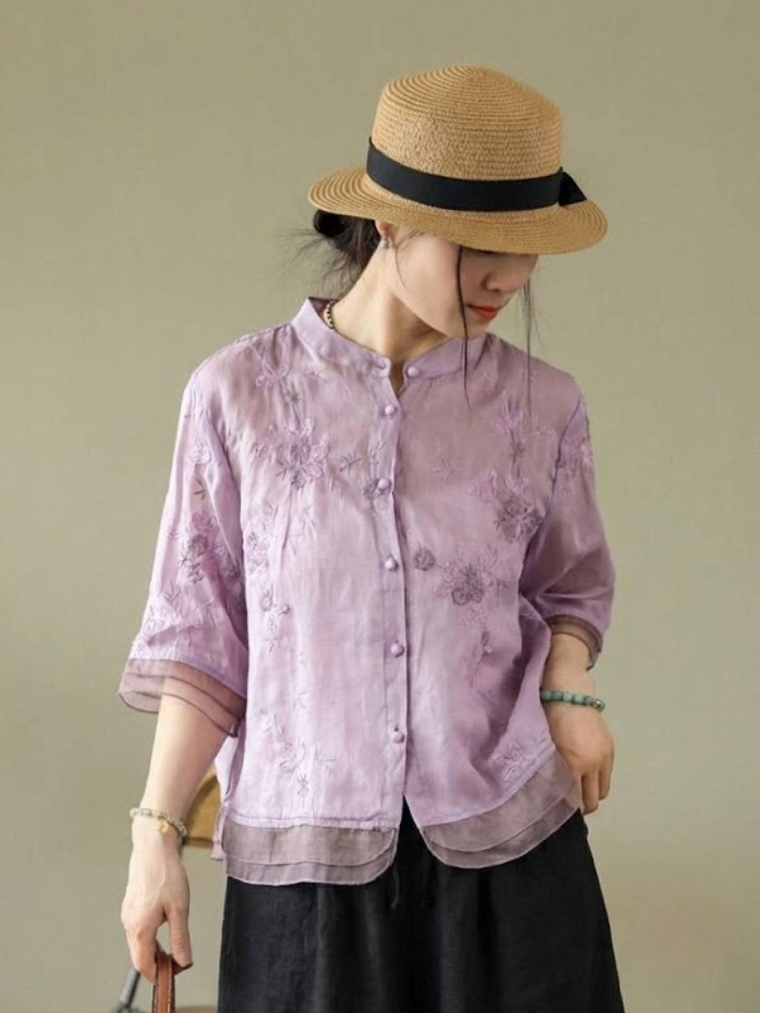 100% cotton linen Tuscany two-piece set with embroidered sheer top and wide-leg linen-blend trousers