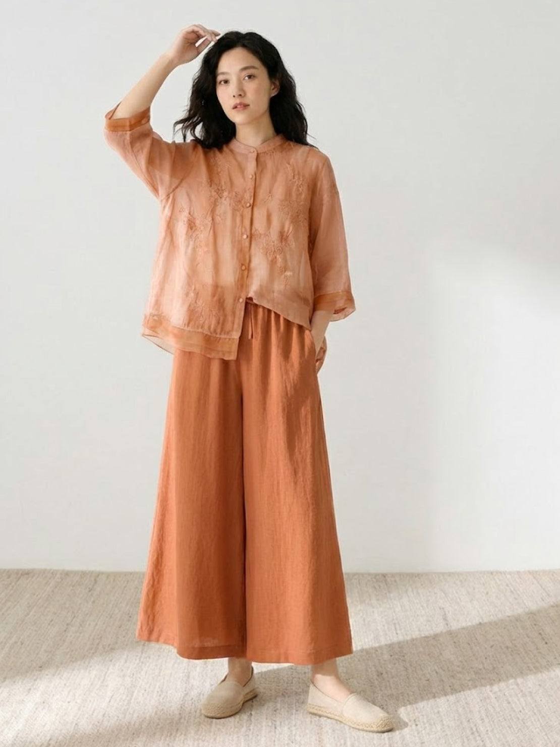 Cotton Linen Tuscany 2-piece set with embroidered sheer top and wide-leg linen trousers in natural breathable fabric