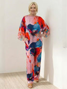 plus size vibrant floral matching set with flowy silhouette and colorful patterns