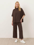 Cotton-blend capelet lounge set with mock neck top and wide-leg pants in soft fabric