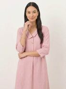 Linen-look midi dress with relaxed A-line silhouette, blazer neckline, button detail, 3/4 sleeves, and side pockets in navy color