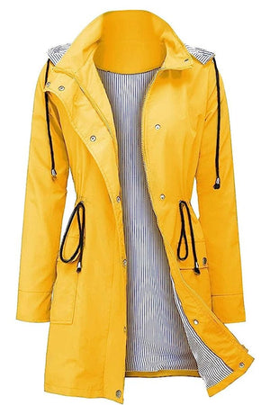 Yellow water resistant hooded striped windbreaker jacket for women with adjustable waist and multiple pockets