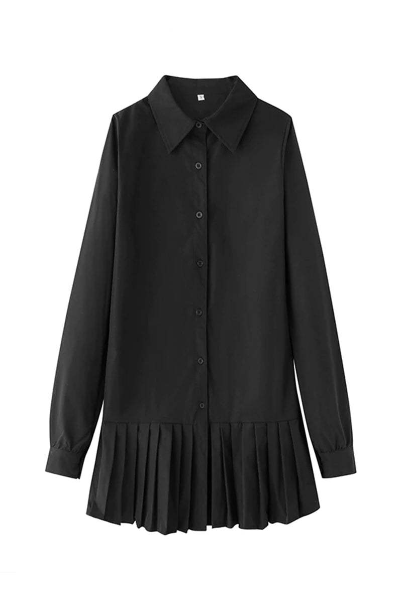 Black pleated fashion plain shirt dress with long sleeves and collar, made from premium cotton fabric.