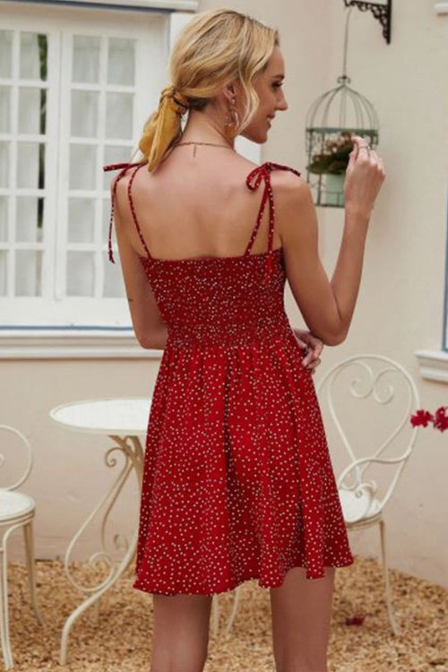 Red bohemian skater polka dot dress with sling knot straps, breathable mini summer dress