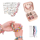 Kids bracelet-making kit with colorful beads, charms, and chains in a pink storage box, perfect for creative play and DIY jewelry crafting.