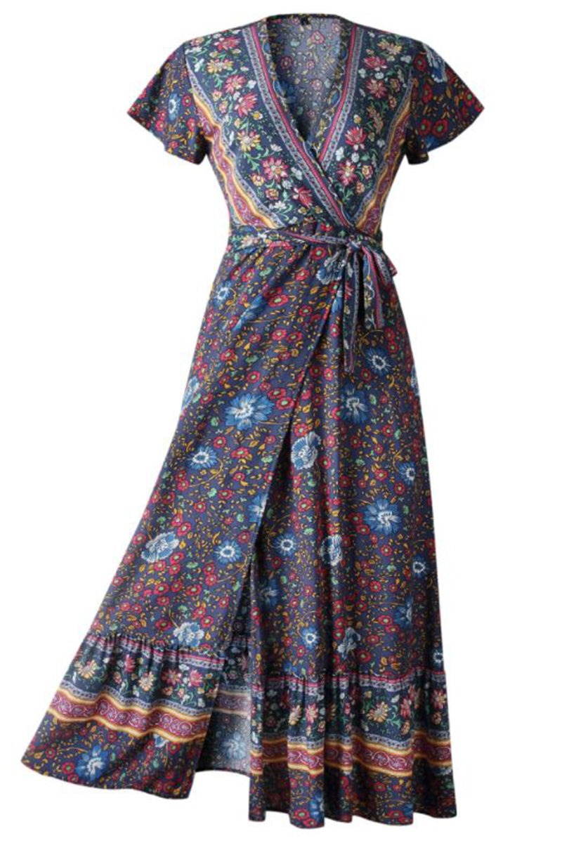 Bohemian floral print cotton wrap dress with V-neck and high slit