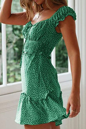 Green sweetheart collar printed ruffled maxi dress with high waist and cap sleeves.