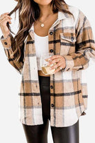 Women's long sleeve plaid flannel shirt in beige and white with button closure and chest pocket