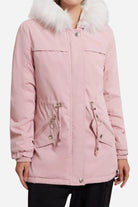 Thick long-sleeve pink zipper overcoat with fur collar and adjustable waist
