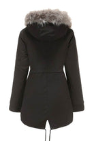 Women's black Fur Collar Fleece Coat with hood and adjustable hem, back view
