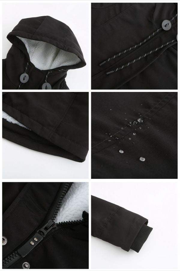 Black casual hooded velvet coat with adjustable drawstring hood, water-resistant surface, hidden elastic rib cuffs, and zipper closure details