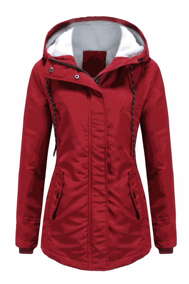Red casual hooded velvet coat with adjustable rope hood, water-resistant surface, and hidden rib cuffs for warmth.