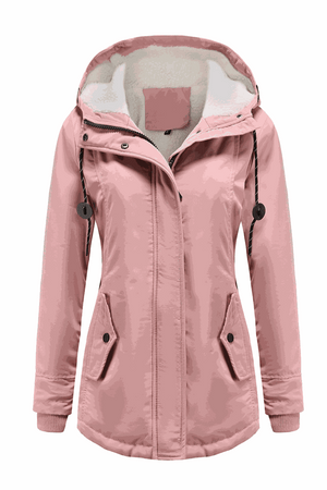 Pink casual hooded velvet coat with adjustable drawstrings, side pockets, and hidden rib cuffs for warmth and wind protection.