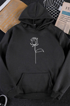 Black oversized hoodie with minimalist graffiti rose print and front pocket