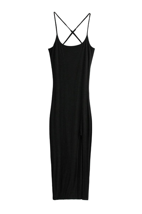 Black elegant side slit midi dress with thin crossed straps and flattering silhouette