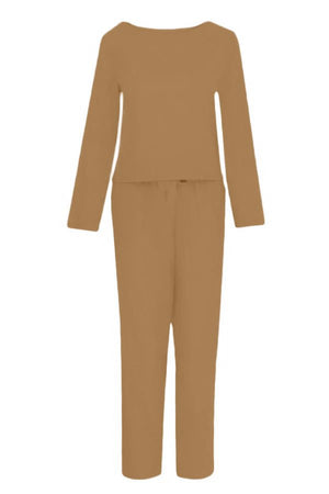 Retro Monochrome Linen two-piece set in brown breathable cotton linen with long sleeves and pants