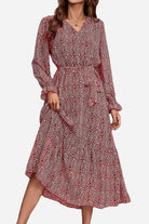 Bloom Wrap Midi Dress with floral print, A-line silhouette, and long sleeves in chiffon fabric