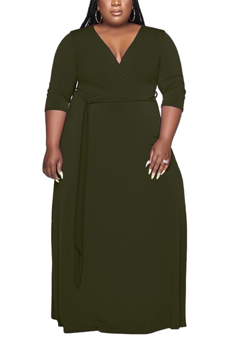 Plus size belted dress with deep V-neck and 3/4 sleeves in olive green