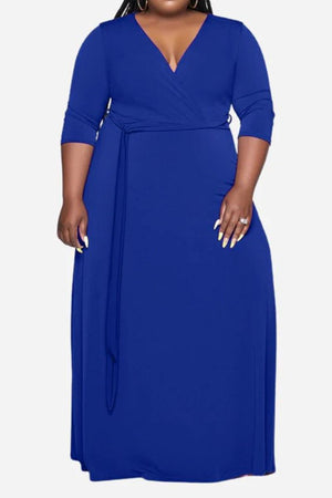 Plus size dress with belt in royal blue featuring deep V-neck and 3/4 sleeves