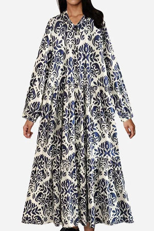 Blue floral lantern sleeves midi dress with loose fit and button-up front design