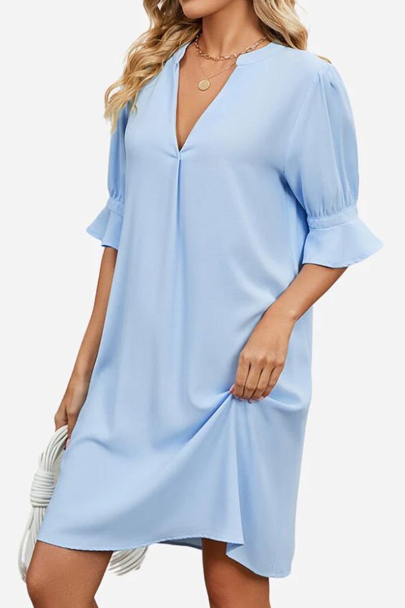 Light blue Dainty Charm Casual Ruffle Dress with V-neck and ruffled sleeves, made of breathable polyester for comfort and flattering fit.