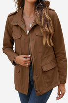 Brown fashion cargo utility jacket with multiple pockets and adjustable waist worn by woman