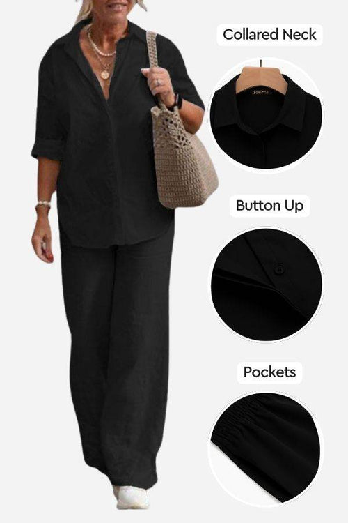 Relaxed black shirt and trousers two-piece set with collared neck, button-up front, and pockets, styled for casual comfort and everyday wear.