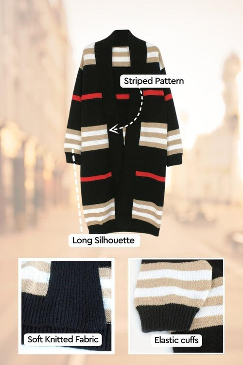 Cozy striped long knitted cardigan with oversized fit, soft fabric, and elastic cuffs
