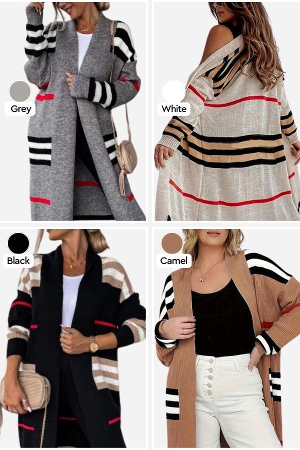 Cozy Striped Long knitted cardigan in grey, white, black, and camel with oversized fit and soft fabric for warm, stylish layering
