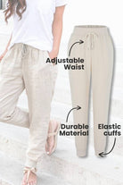 Relaxed chic elastic ankles pants with adjustable waist, durable material, and elastic cuffs in beige color.
