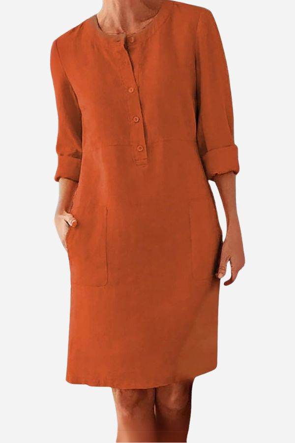 Women's casual orange cotton dress with 3/4 rolled sleeves and button front detail