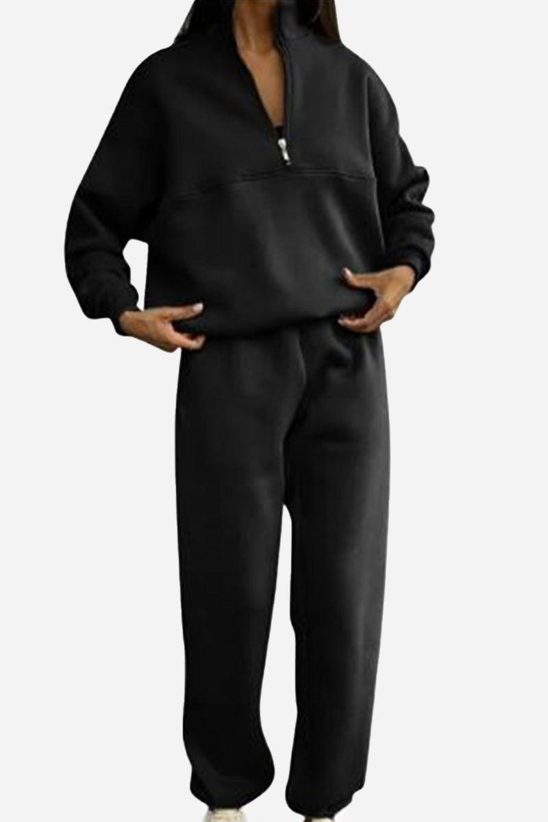 Black cotton-blended two-piece tracksuit with high collar and zipper for casual athleisure style