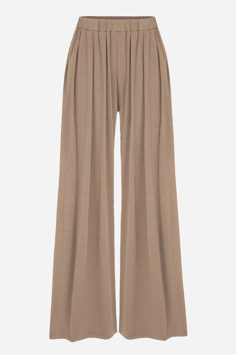 Brown stretchy wide-leg pants with elastic waistband and relaxed fit for all-day comfort